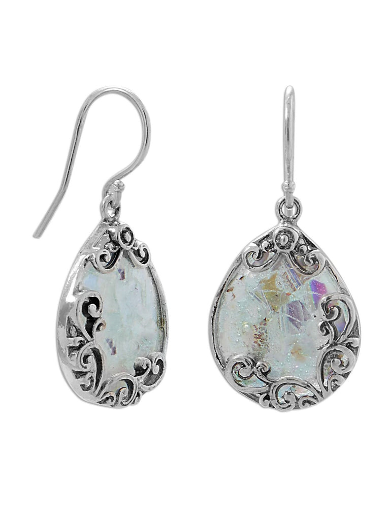Ancient Roman Glass Earrings Filigree Design Handcrafted Sterling Silver