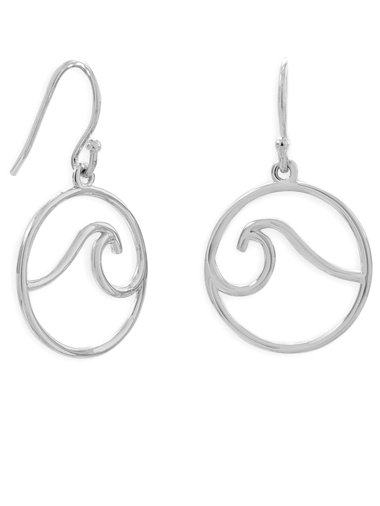 Dangle Circle with Wave Earrings Rhodium on Sterling Silver - Nontarnish