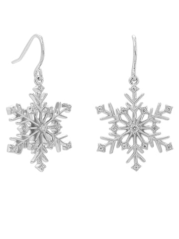 Snowflake Dangle Earrings Cubic Zirconia Stones Rhodium on Sterling Silver