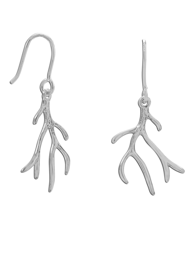 Branch Antler Design Dangle Earrings Rhodium on Sterling Silver - Nontarnish