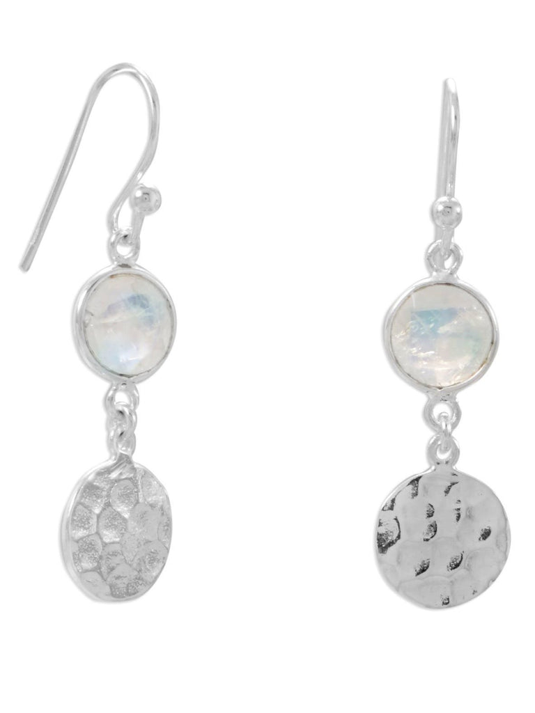 Rainbow Moonstone Earrings with Hammered Disk Drop Polished Sterling Silver