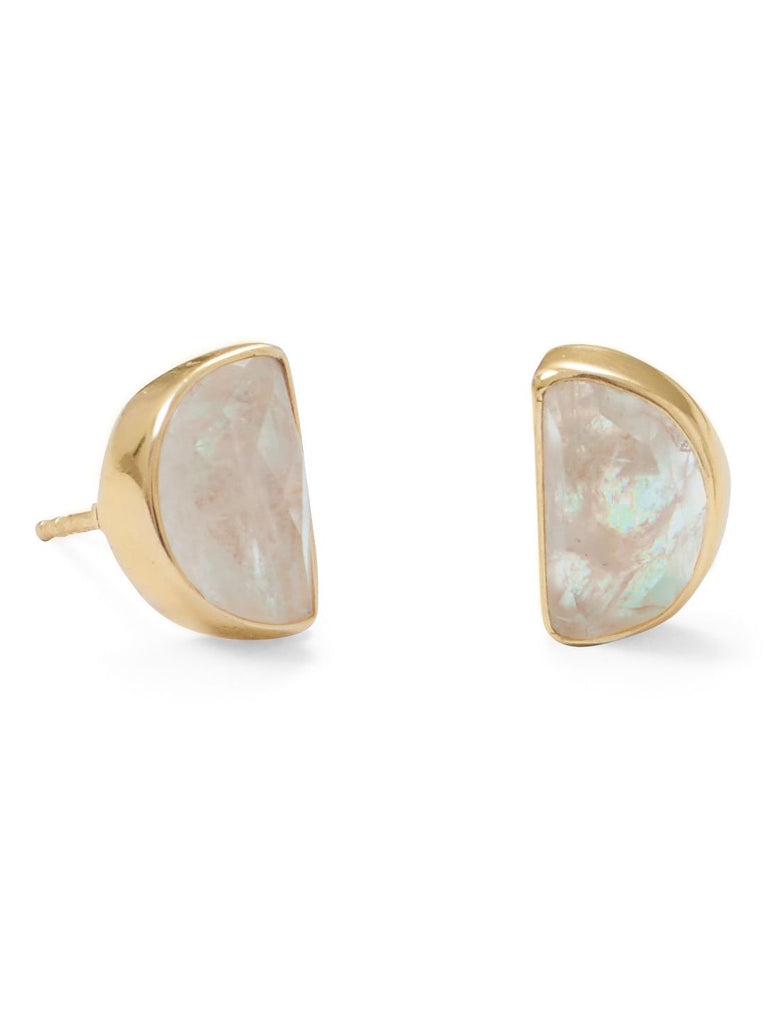 Rainbow Moonstone Earrings with Gold-plated Sterling Silver Half Moon Shape