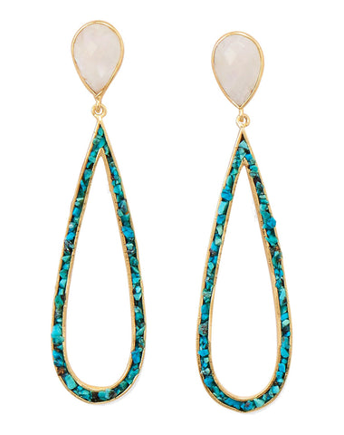 Rainbow Moonstone Turquoise Chip Teardrop Earrings Gold-plated Sterling Silver