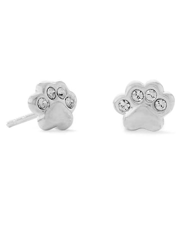 Paw Print Earrings Polished Sterling Silver with Crystals