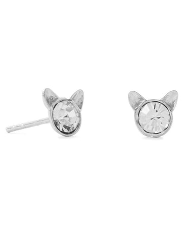 Kitten Cat Ears with Sparkling Crystal Stud Earrings Sterling Silver