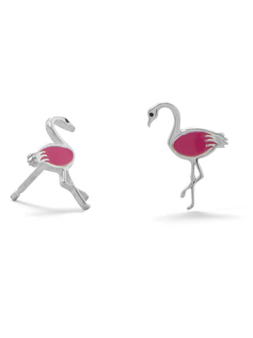 Pink Flamingo Stud Post Earrings Enamel on Sterling Silver