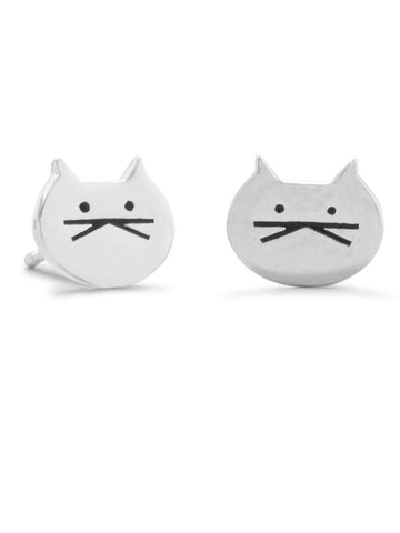 Cute Cat Face Stud Post Earrings Sterling Silver