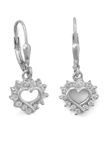 Small Dangle Heart Earrings with Cubic Zirconia Rhodium on Sterling Silver