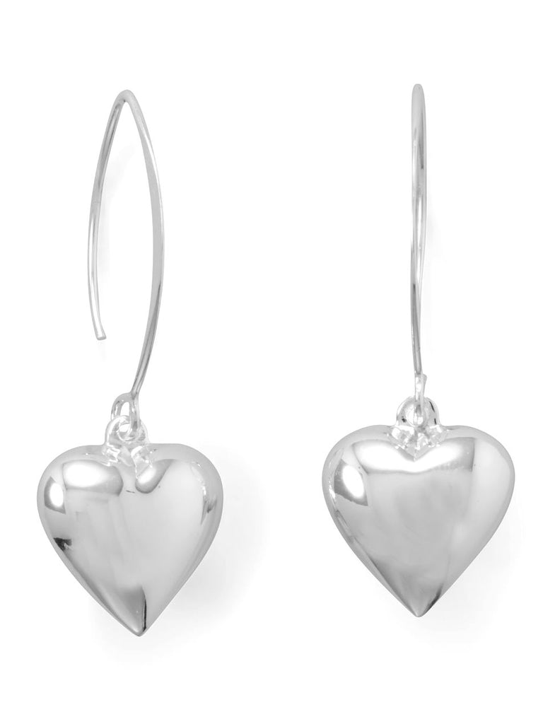 Puffy Polished Heart Dangle Earrings with Marquise Wire Sterling Silver