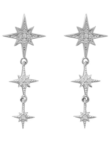 Cubic Zirconia Dangle Triple Star Earrings Rhodium on Sterling Silver