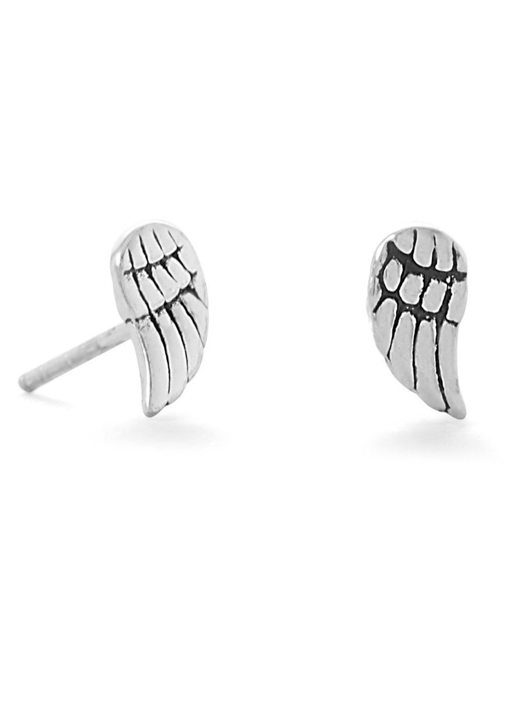 Small Angel Wing Post Stud Earrings Antiqued Sterling Silver