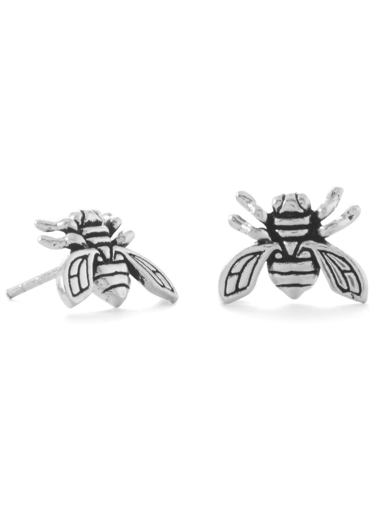 Honey Bumble Bee Stud Earrings Antiqued Sterling Silver