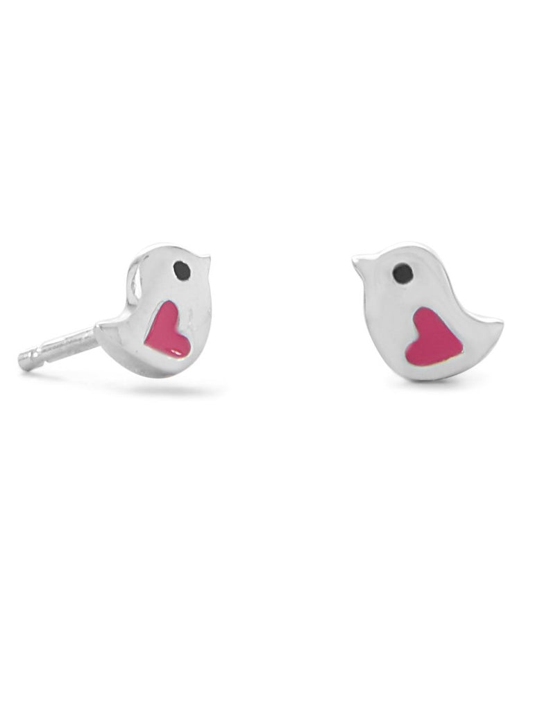 Tiny Bird Post Stud Earrings with Pink Hearts