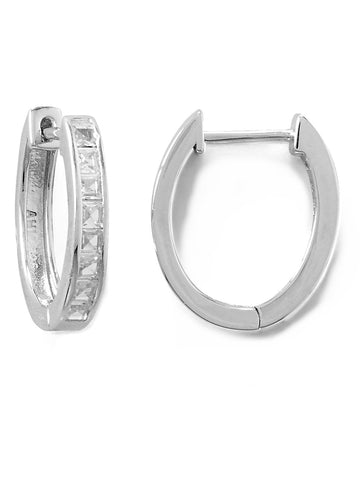 Huggie Hoop Earrings with Square Cubic Zirconia Rhodium on Sterling Silver