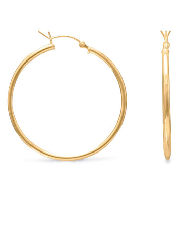 Hoop Earrings 2mm x 40mm 14k Yellow Gold-plated Sterling Silver