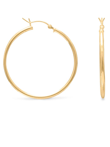 Hoop Earrings 2mm x 50mm 14k Yellow Gold-plated Sterling Silver