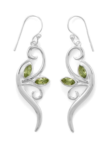 Sterling Silver Vine Leaf and Branch Earrings with Marquise Peridot