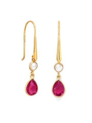 Rainbow Moonstone Earrings with Pink Glass Drop 14k Gold-plated Silver