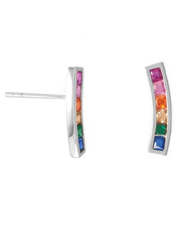 Rainbow Colors Drop Stud Earrings Cubic Zirconia Rhodium on Sterling Silver