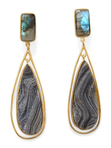 Desert Druzy Labradorite Earrings Teardrop Post Dangle 14k Gold-plated Silver