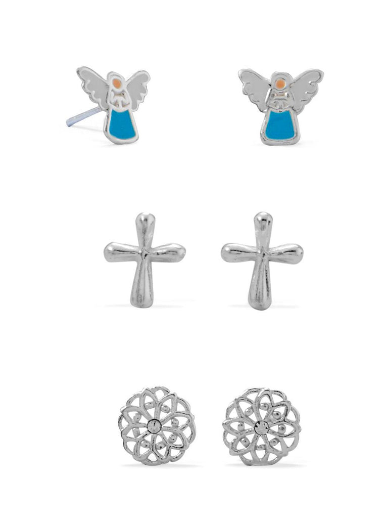 Crosses, Angels, and Flowers Small Stud Earring Set of Three Sterling Silver