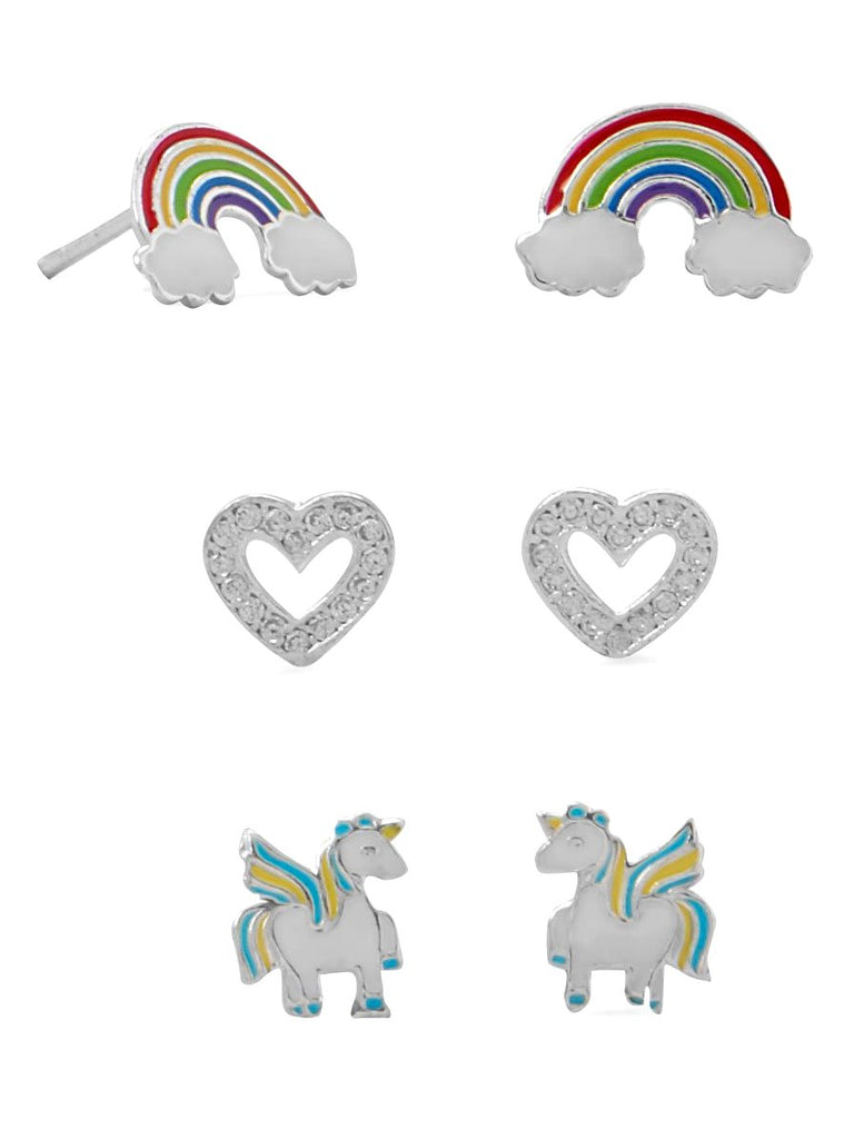 Rainbow, Hearts, and Unicorn Small Stud Earring Set of Three Sterling Silver