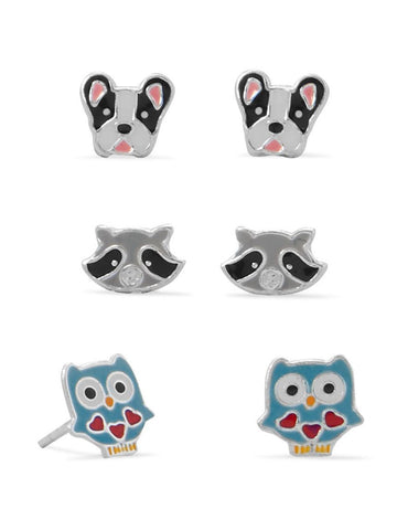 Owl, Raccoon and Dog Small Stud Earring Set of Three Sterling Silver