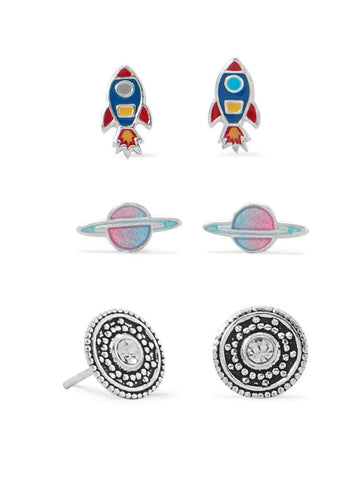 Rocket, Planet and Disc Small Stud Earring Set of Three Sterling Silver