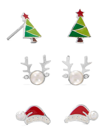 Reindeer, Santa Hat and Tree Small Stud Earring Set of Three Sterling Silver