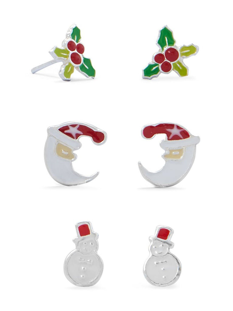 Santa, Holly and Snowman Small Stud Earring Set of Three Sterling Silver