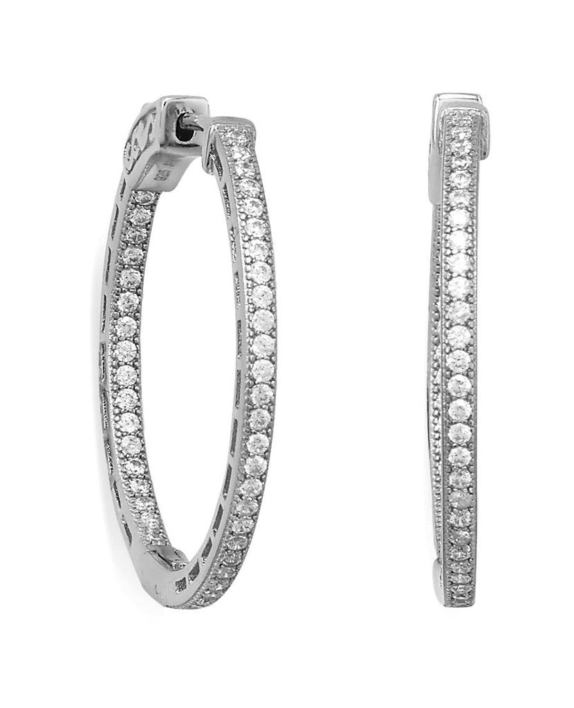 In Out Hoop Earrings Cubic Zirconia Rhodium on Sterling Silver - Nontarnish 30mm