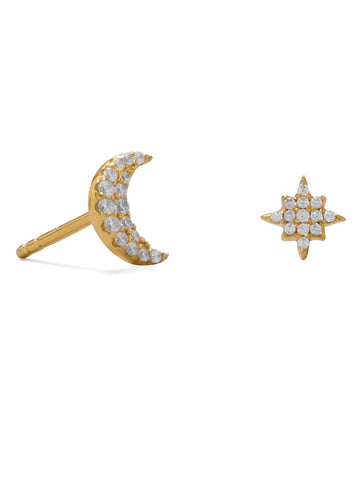 Crescent Moon and Star Stud Earrings Gold-plated Sterling Silver Cubic Zirconia