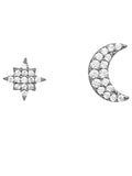 Crescent Moon Star Stud Earrings Rhodium-plated Sterling Silver Cubic Zirconia