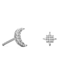 Crescent Moon Star Stud Earrings Rhodium-plated Sterling Silver Cubic Zirconia