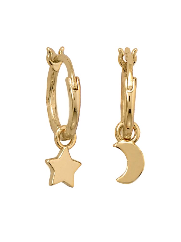 14k Gold-plated Hoop Earrings with Dangling Moon and Star Charms