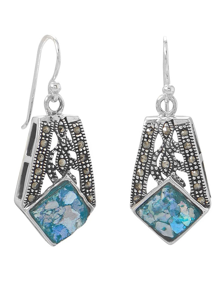 Ancient Roman Glass Earrings and Marcasite Handcrafted Sterling Silver