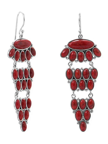 Dyed Deep Red Coral Chandelier Earrings Tiered with 38 Total Stones