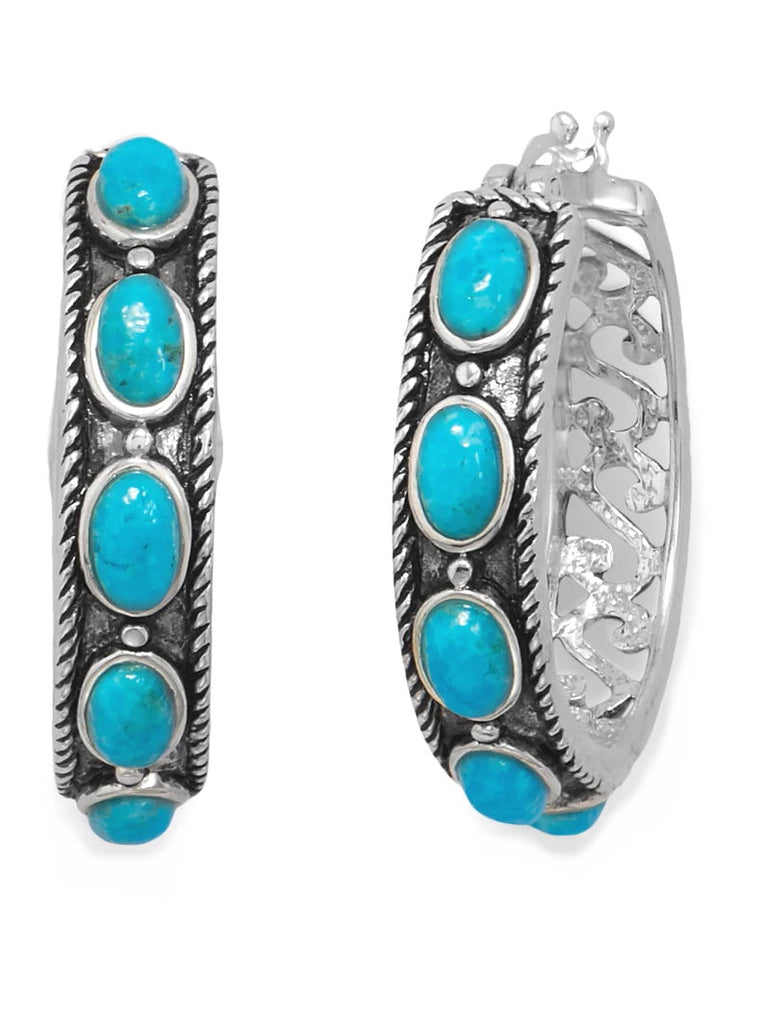 Sterling Silver Hoop Earrings with Reconstituted Turquoise Stones