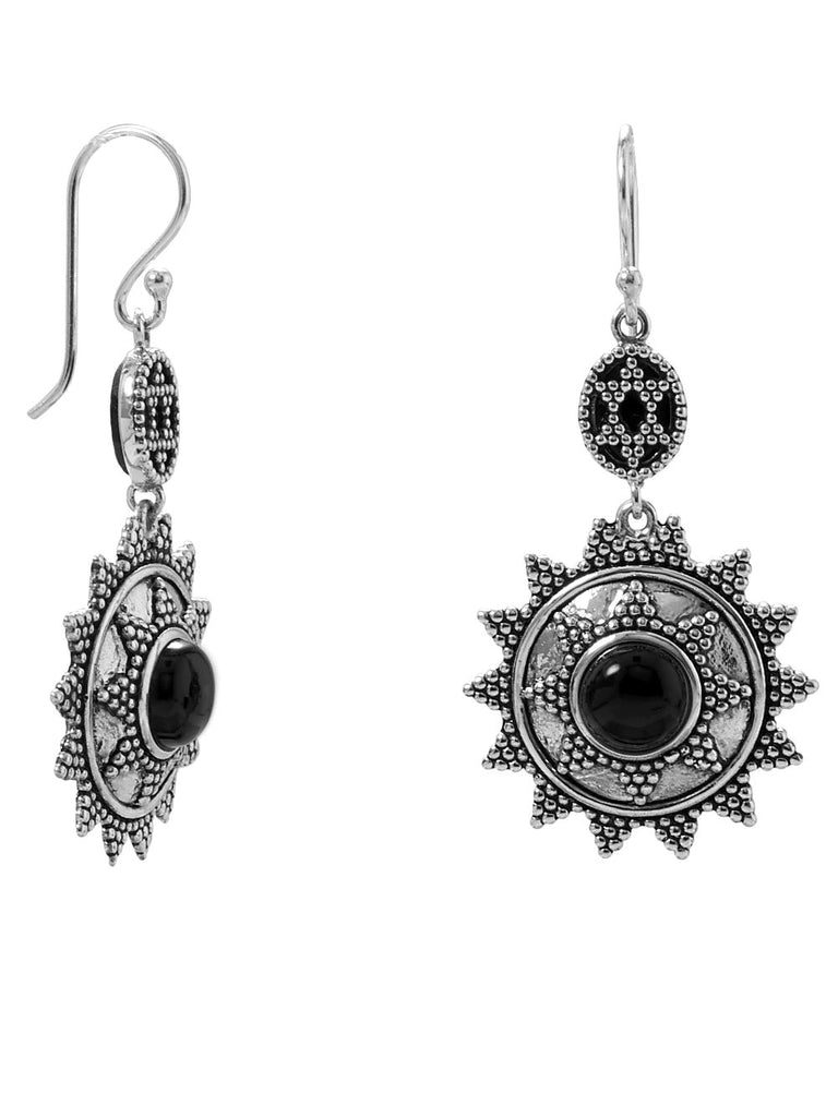 Sterling Silver Black Onyx Earrings Sun Star Design