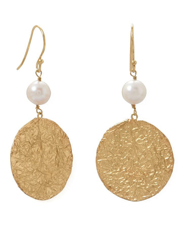 Cultured Freshwater Pearl Earrings with Disk Drop Gold-plated Sterling Silver