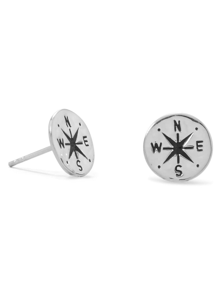 Compass Stud Earrings with Hammered Finish Sterling Silver