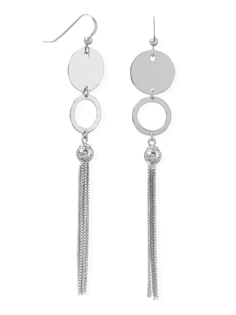 Tassel Earrings with Disk Circle and Bead Rhodium-plated Sterling Silver