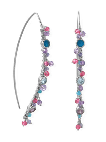 Marquis Wire Beaded Earrings Rhodium on Sterling Silver with Multicolor Stones