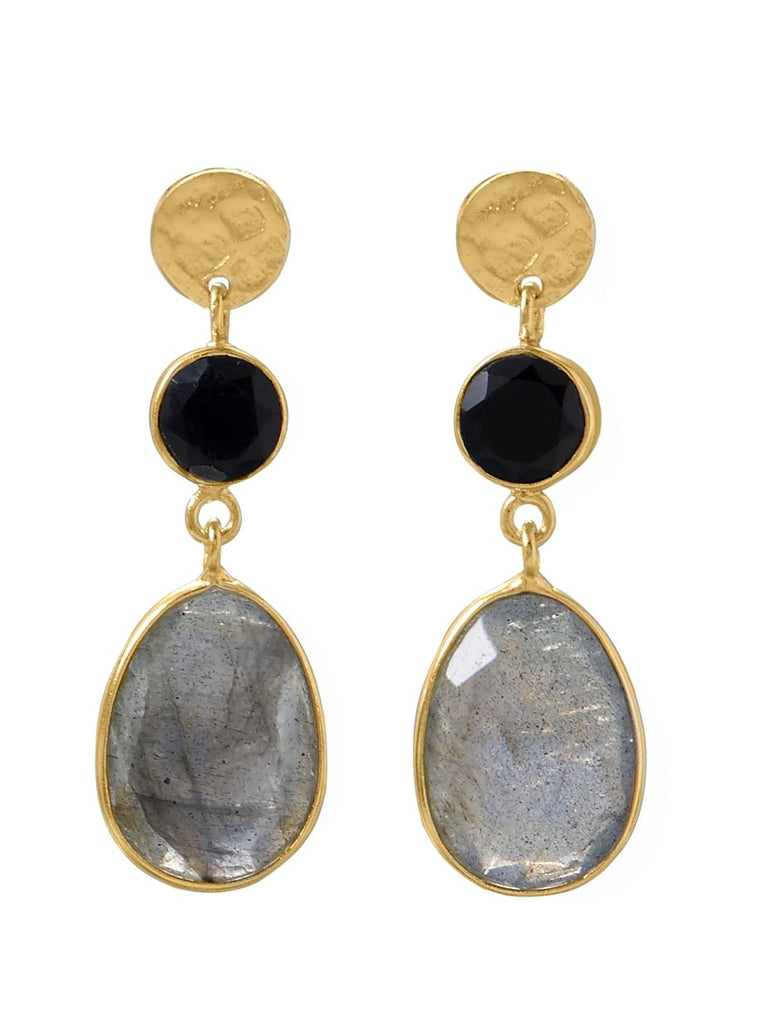 Labradorite and Black Onyx Earrings 14k Gold-plated Silver Disk Post Dangle