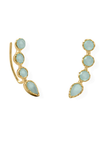 Ear Climber Earrings Aqua Blue Chalcedony Gold-plated Sterling Silver