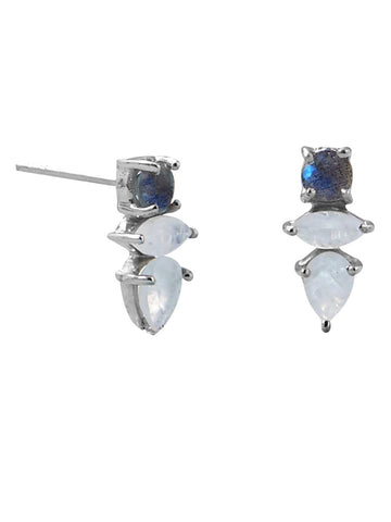 Labradorite and Rainbow Moonstone Earrings Sterling Silver Three Stones