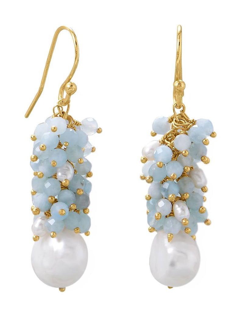 Aquamarine and Cultured Freshwater Pearl Bead Dangle Earrings Gold-plated Silver