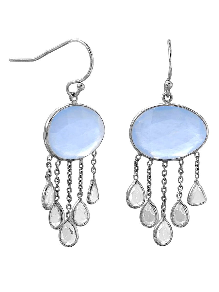 Blue Chalcedony and White Topaz Dangle Earrings Rhodium on Sterling Silver