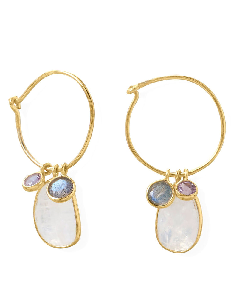 Rainbow Moonstone, Amethyst, Labradorite Hoop Earrings 14k Gold-plated Silver