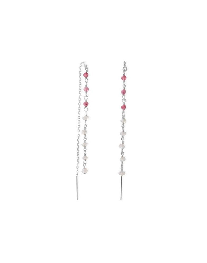 Pink Tourmaline and Rainbow Moonstone Threader Earrings Sterling Silver